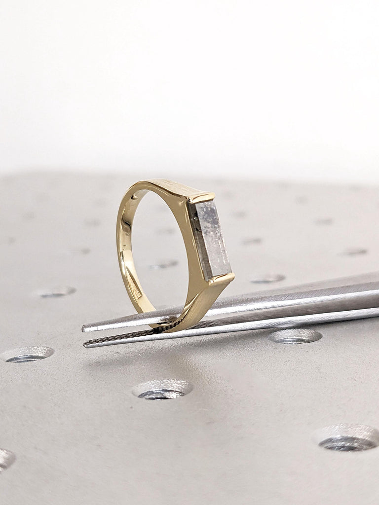 Long Baguette cut Diamond Ring | 1 Carat Engagement Ring | 14k Yellow Gold Raw Salt and Pepper Diamond Promise Anniversary Ring