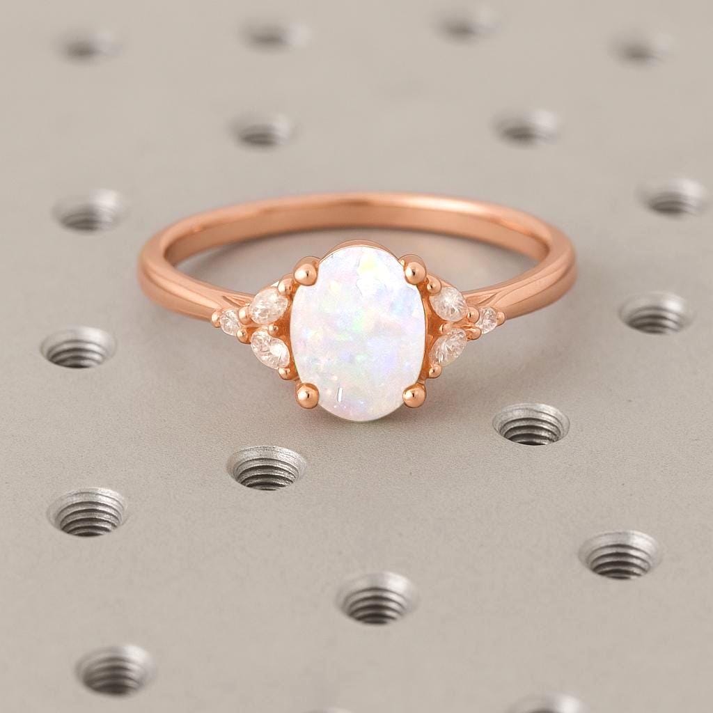 Opal Rose Gold Ring | Dainty Opal Ring | White Opal and Diamond Engagement Ring | 14k Gold Opal Ring | Oval Opal Ring | Delicate Opal Ring