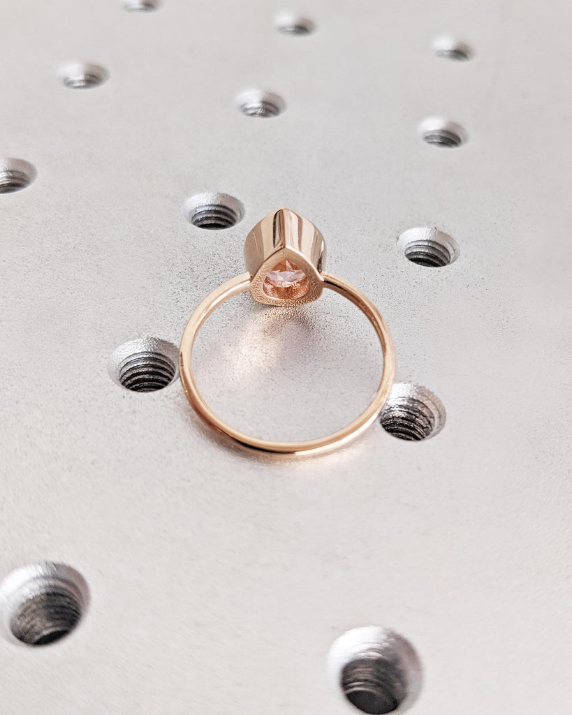 14K Rose Gold Pear Morganite Ring - Peach Morganite Engagement Ring - Pear Shape Bezel Ring - Teardrop Pear Solitaire Morganite Ring For Her