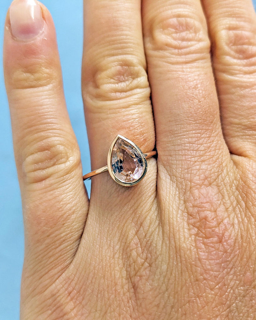 14K Rose Gold Pear Morganite Ring - Peach Morganite Engagement Ring - Pear Shape Bezel Ring - Teardrop Pear Solitaire Morganite Ring For Her