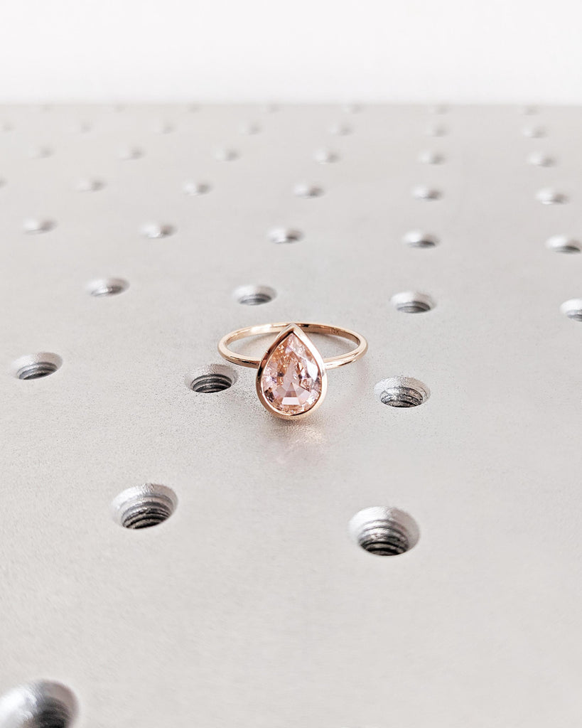 14K Rose Gold Pear Morganite Ring - Peach Morganite Engagement Ring - Pear Shape Bezel Ring - Teardrop Pear Solitaire Morganite Ring For Her