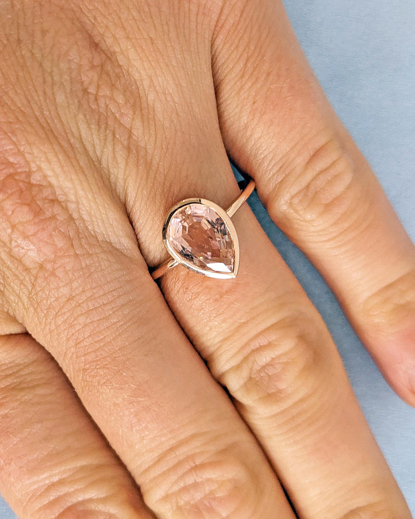 14K Rose Gold Pear Morganite Ring - Peach Morganite Engagement Ring - Pear Shape Bezel Ring - Teardrop Pear Solitaire Morganite Ring For Her