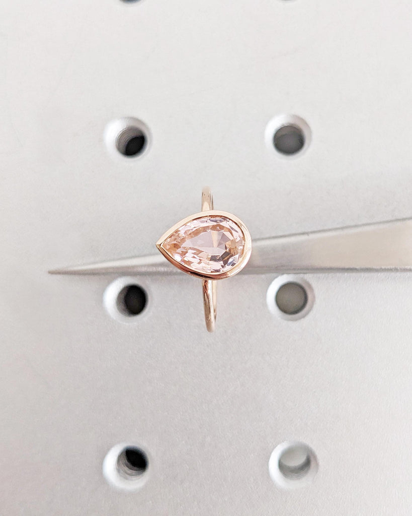 14K Rose Gold Pear Morganite Ring - Peach Morganite Engagement Ring - Pear Shape Bezel Ring - Teardrop Pear Solitaire Morganite Ring For Her