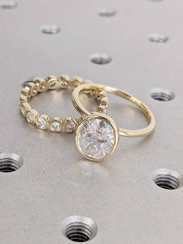 Oval Moissanite Bezel Engagement Ring Set, 14K Yellow Gold Eternity Band, Modern Solitaire Bridal Set, Vintage Stacking Wedding Ring for Her