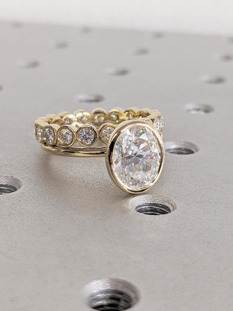 Oval Moissanite Bezel Engagement Ring Set, 14K Yellow Gold Eternity Band, Modern Solitaire Bridal Set, Vintage Stacking Wedding Ring for Her