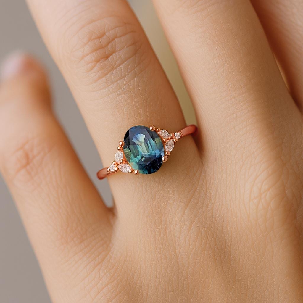 Vintage Oval Teal Sapphire Engagement Ring | Cluster Moissanite Bridal Ring | Blue-Green Sapphire Wedding Ring | 14k Gold Women Promise Ring