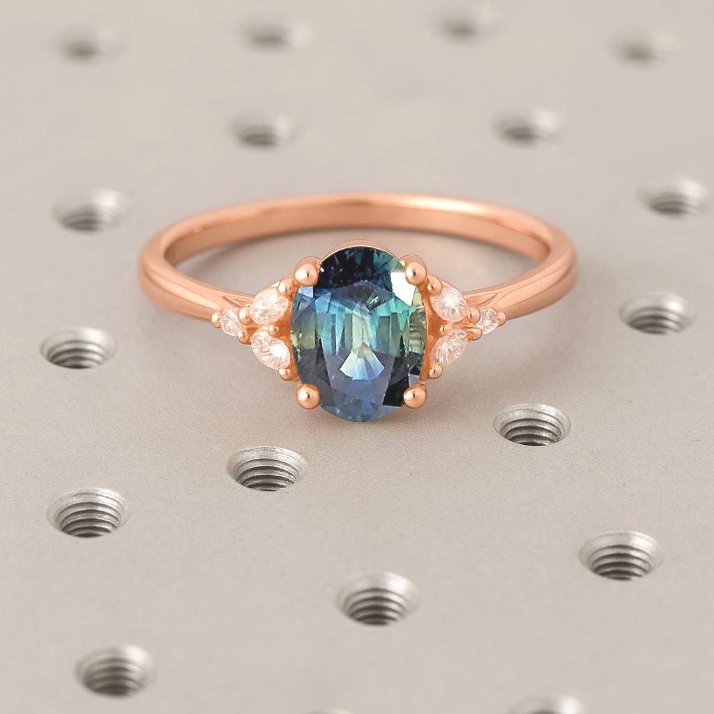 Vintage Oval Natural Peacock Sapphire Engagement Ring | Rose Gold Teal Sapphire Wedding Ring | Art Deco Diamond Cluster Promise Ring by Braverman Jewelry
