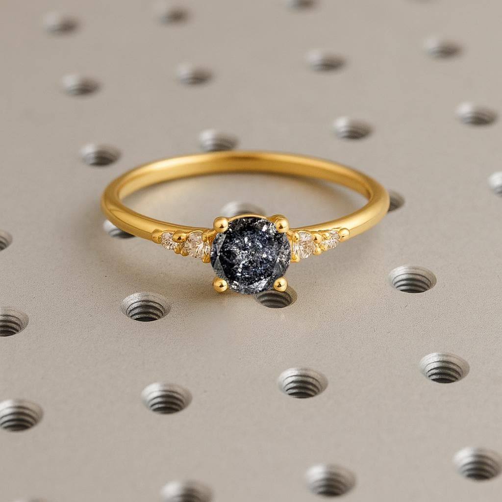 Dainty 14k/18k Yellow Gold Ring, Vintage Raw Salt and Pepper Diamond Ring