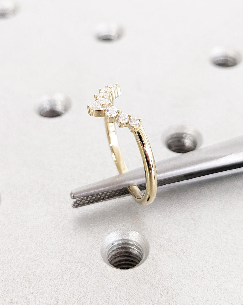 Real Diamond Band 14K Gold | Curved Wedding Band | Cluster Diamond Ring | Matching Stacking Bridal Ring | Unique Wedding Band Gift for Women