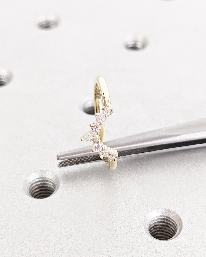 Real Diamond Band 14K Gold | Curved Wedding Band | Cluster Diamond Ring | Matching Stacking Bridal Ring | Unique Wedding Band Gift for Women