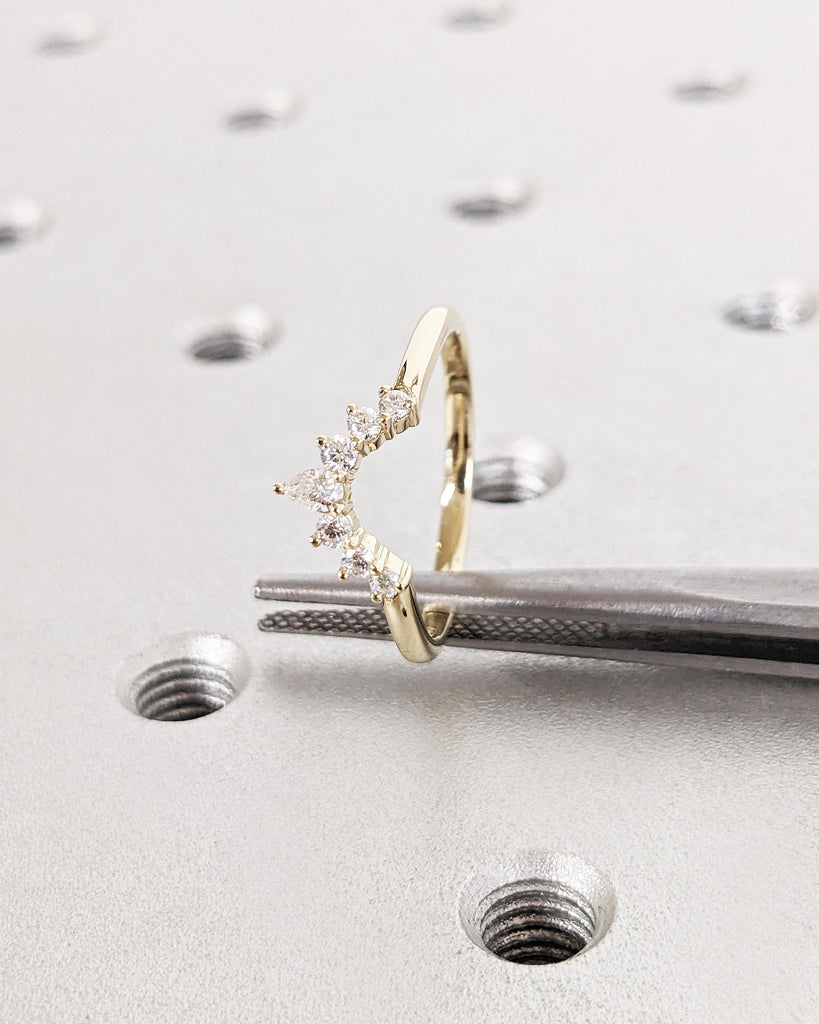 14K Gold Crown Wedding Band | Diamond Curved Ring | Curved Diamond Band | Moissanite Band | Pear & Round Tiara Engagement Stack Wedding Ring
