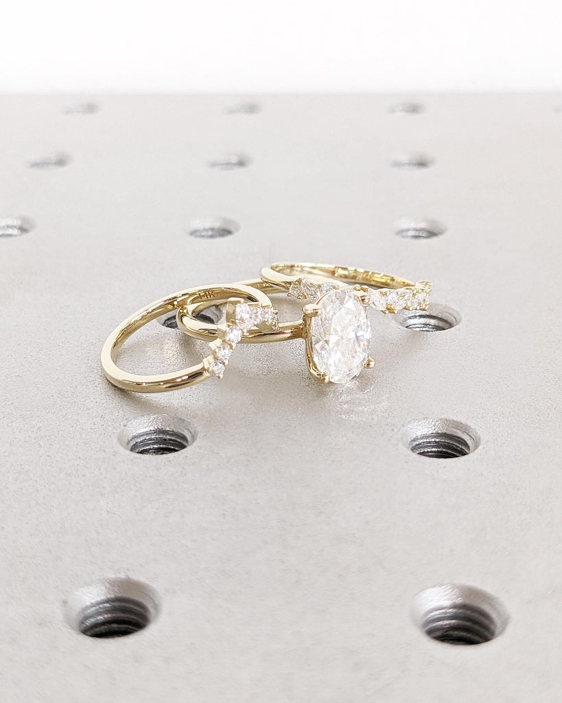 Oval Moissanite Engagement Ring Set, 14K Gold Marquise Round Moissanite Cluster Ring, Curved Wedding Band, Matching Stacking 3pcs Bridal Set