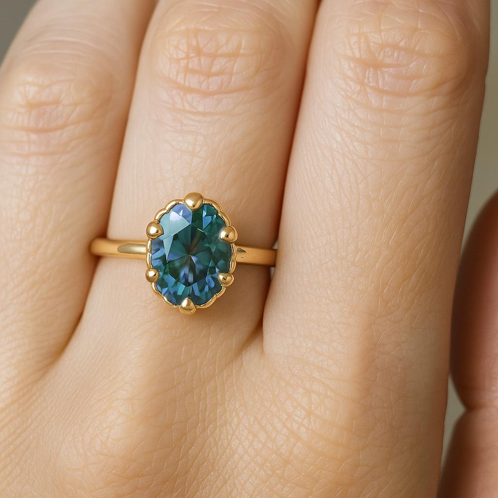 Dainty Seashell Ring | Natural Blue Green Sapphire Solid Gold Shell Ring | 14k Yellow Gold Engagement Ring | Sapphire Ring | Cute Ocean Ring | Wedding Band