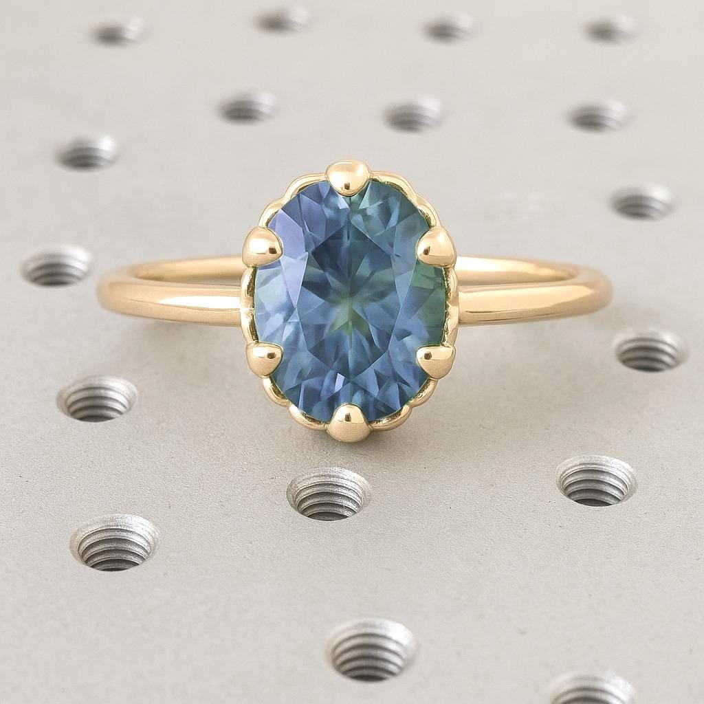 1ct Natural Blue Green Sapphire Solid Gold Shell Ring | Dainty Seashell Ring | 14k Yellow Gold Oval cut Engagement Ring | Cute Sapphire Ring