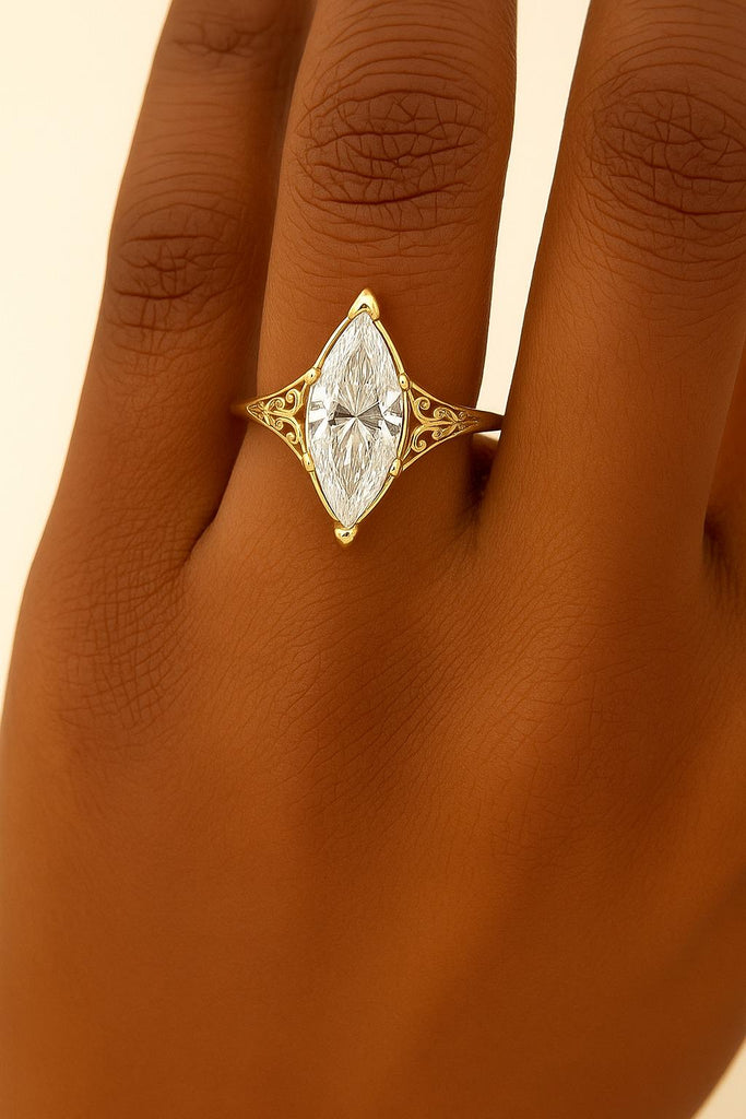 Vintage Filigree Marquise cut Engagement Ring | Art Deco Yellow Gold VVS Moissanite Wedding Ring For Women | Anniversary Gift for Wife