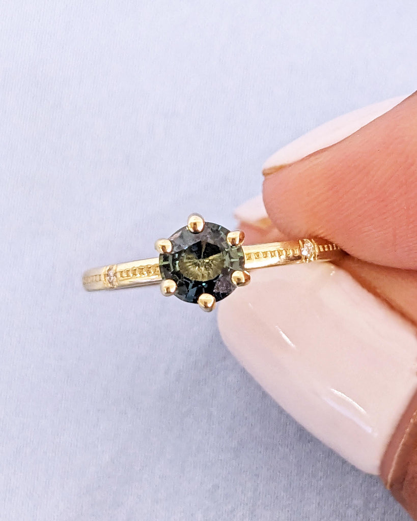 Green Blue Sapphire Engagement Ring | Round cut Teal Sapphire Engagement Ring | Vintage Unique Yellow Gold Ring for Woman | Milgrain Band