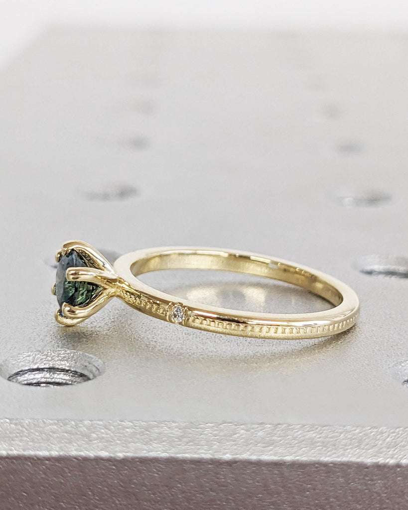Green Blue Sapphire Engagement Ring | Round cut Teal Sapphire Engagement Ring | Vintage Unique Yellow Gold Ring for Woman | Milgrain Band