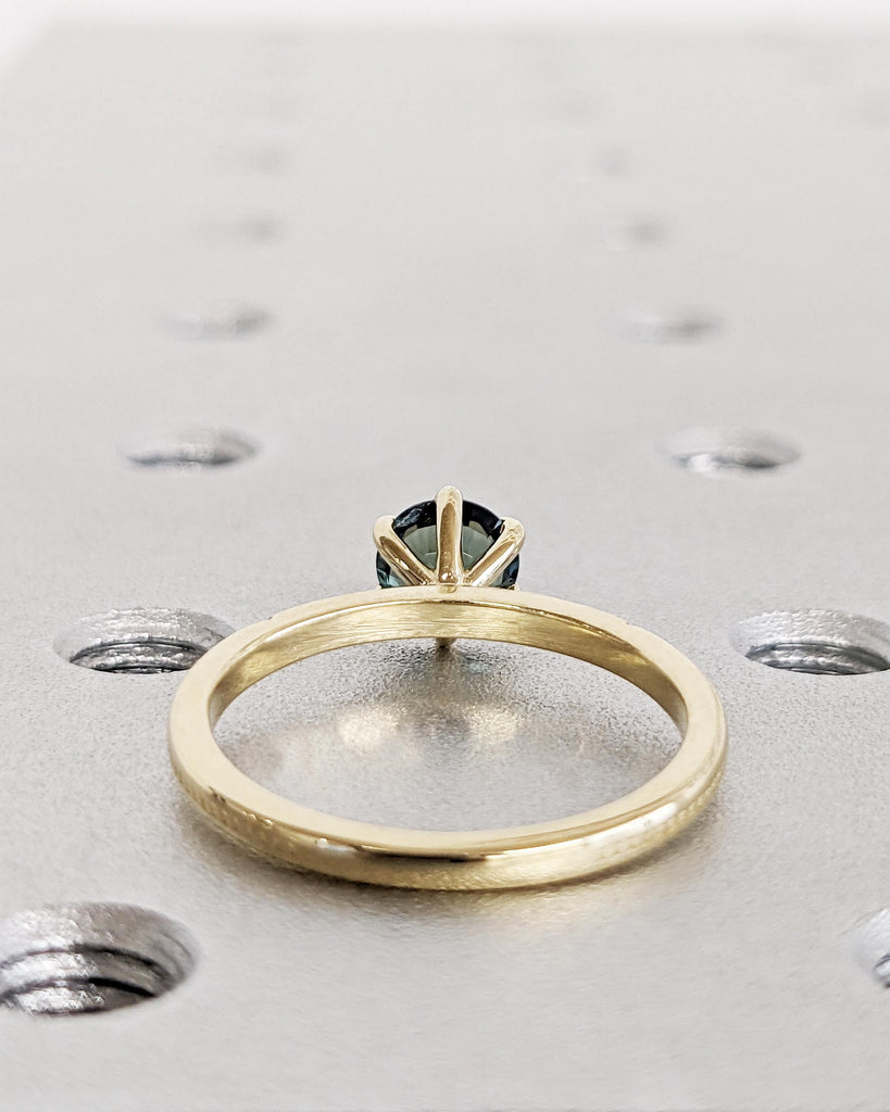 Round Cut Natural Teal Sapphire Ring, Beaded Band Dainty Engagement Ring, Peacock Blue Green Montana Sapphire, 14K Solid Gold Solitaire Ring