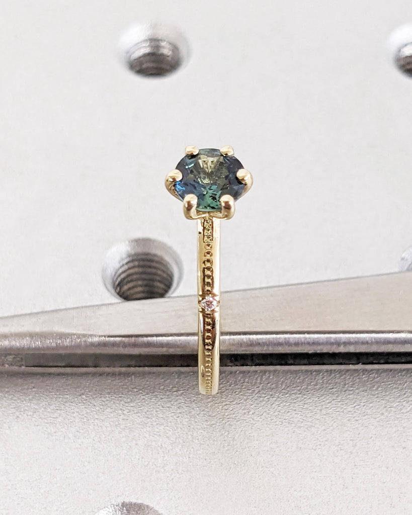 Round Cut Natural Teal Sapphire Ring, Beaded Band Dainty Engagement Ring, Peacock Blue Green Montana Sapphire, 14K Solid Gold Solitaire Ring