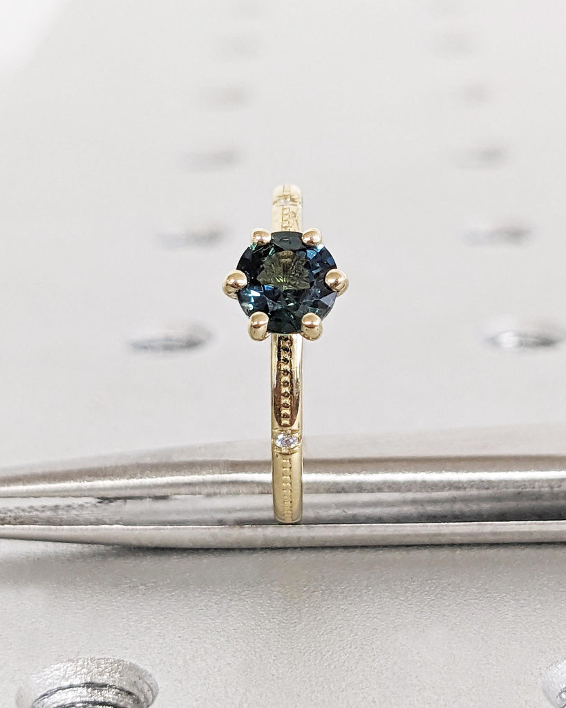 Round Cut Natural Teal Sapphire Ring, Beaded Band Dainty Engagement Ring, Peacock Blue Green Montana Sapphire, 14K Solid Gold Solitaire Ring