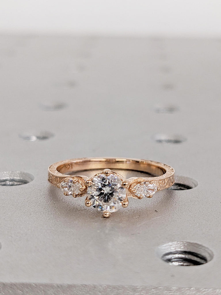 Art Deco Moissanite Ring, Filigree Engagement Ring, Round and Marquise Engagement Ring, Wedding Anniversary Gift for Her, Three Stone Ring