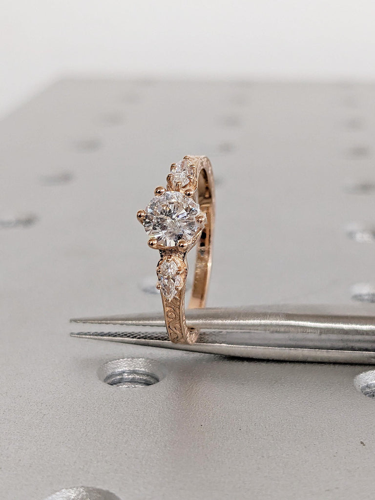 Art Deco Moissanite Ring, Filigree Engagement Ring, Round and Marquise Engagement Ring, Wedding Anniversary Gift for Her, Three Stone Ring