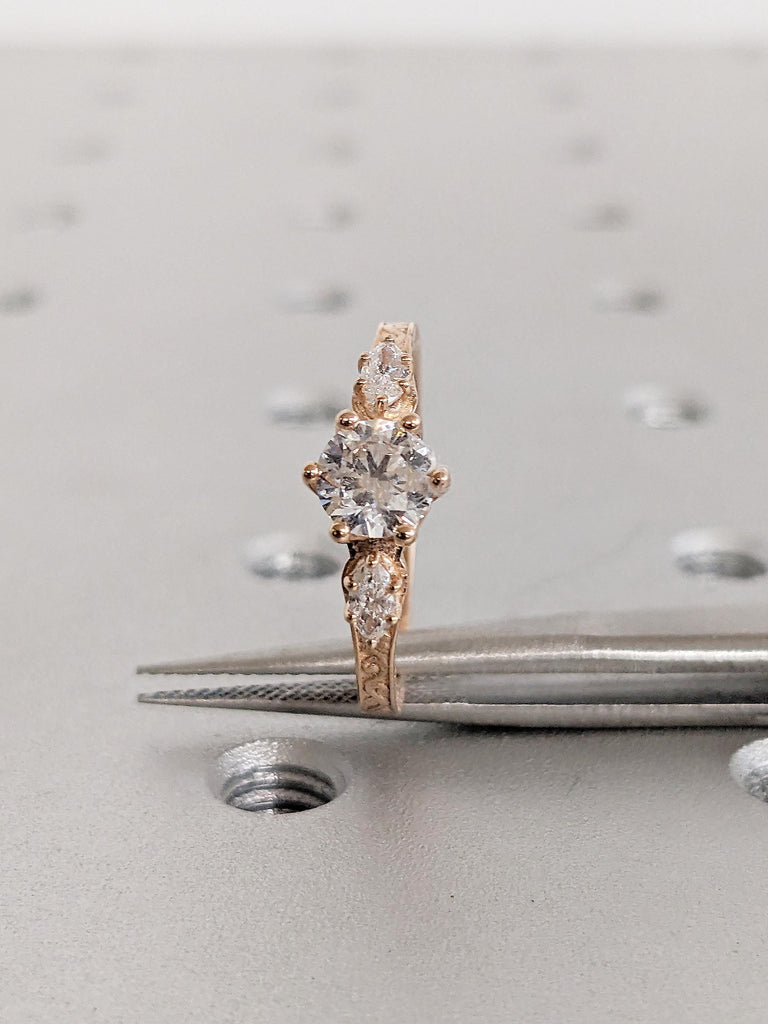 Art Deco Moissanite Ring, Filigree Engagement Ring, Round and Marquise Engagement Ring, Wedding Anniversary Gift for Her, Three Stone Ring