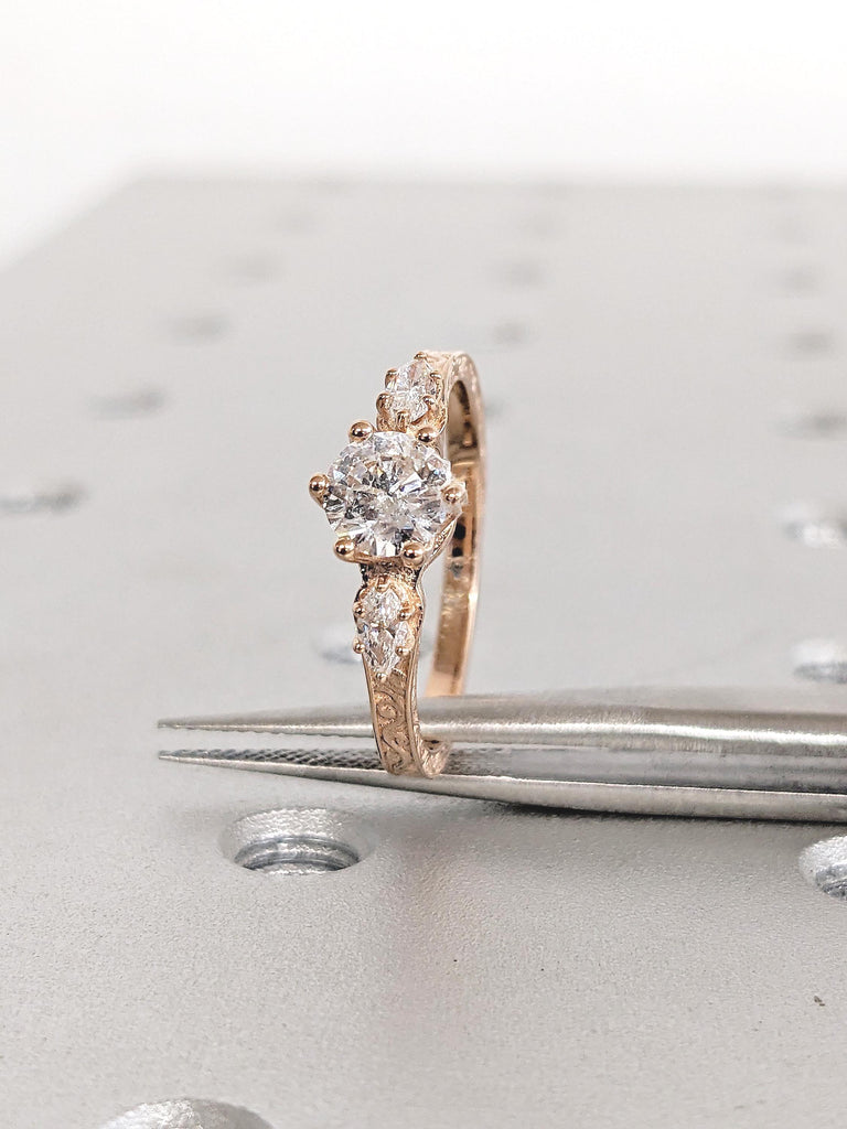 Dainty 3 Stone Engagement Ring, Round Lab Diamond Ring, Unique Filigree Ring, Lab Grown Engagement Ring, Gold Anniversary Ring, Bridal Gift