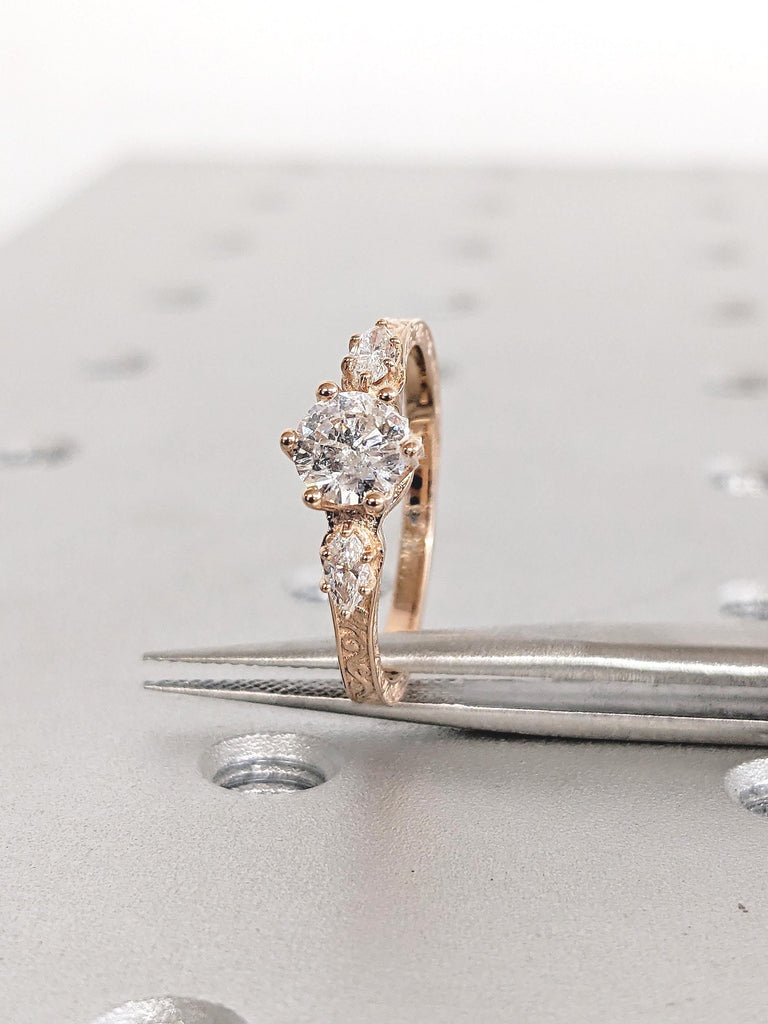 Round and Marquise Lab Grown Diamond Engagement Ring, Three Stone Ring, Art Deco Wedding Ring, Lab Grown Diamond Ring, 14K Rose Gold Ring image #7