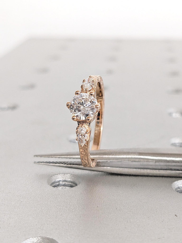 Round and Marquise Lab Grown Diamond Engagement Ring, Three Stone Ring, Art Deco Wedding Ring, Lab Grown Diamond Ring, 14K Rose Gold Ring