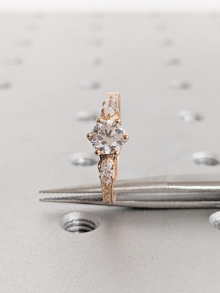 Round and Marquise Lab Grown Diamond Engagement Ring, Three Stone Ring, Art Deco Wedding Ring, Lab Grown Diamond Ring, 14K Rose Gold Ring image #1