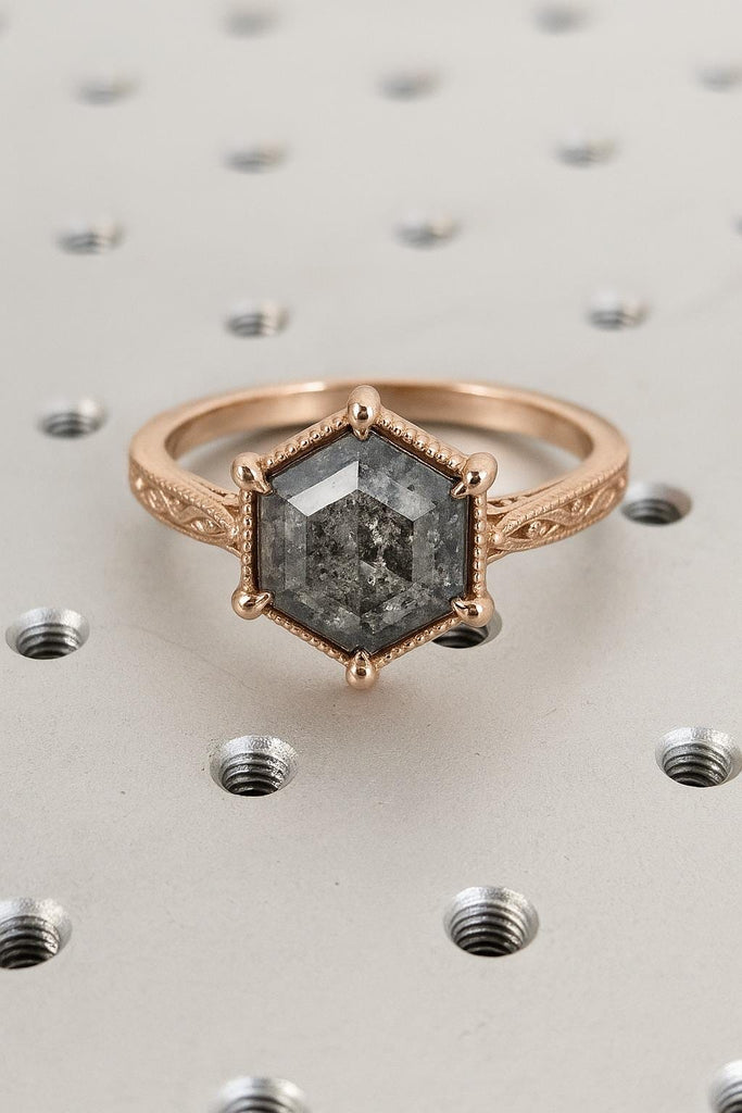 1ct Solitaire Diamond Engagement Ring | Natural Herkimer Salt and Pepper Diamond Ring | Solid Rose Gold Promise Ring | Antique Proposal Ring | Filigree Milgrain Ring