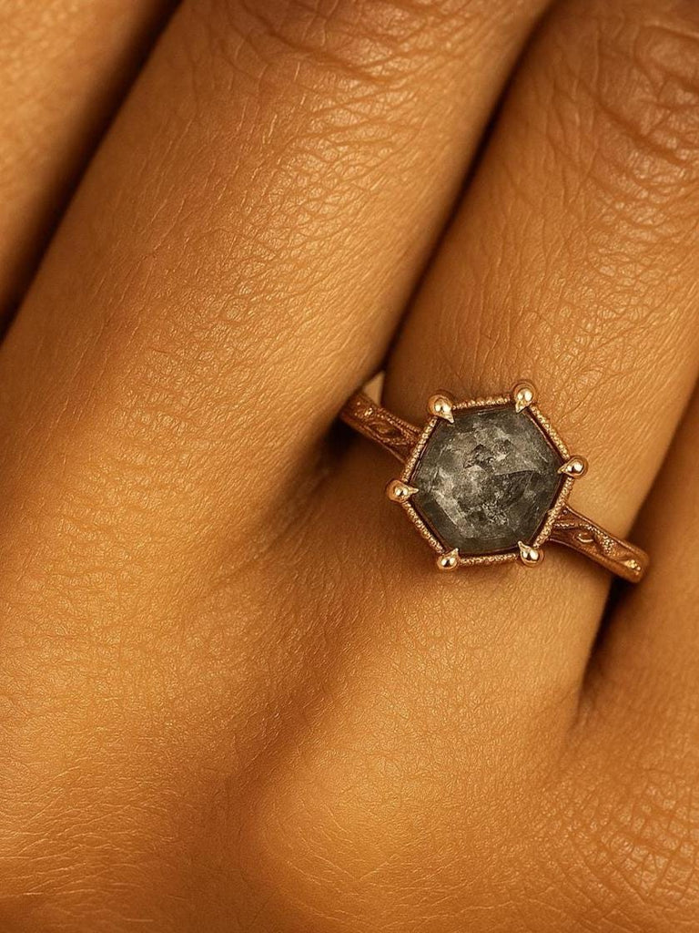 Vintage Style Art Deco Hexagon Cut Diamond Engagement Ring | 14K Rose Gold Antique Jewelry | Natural Grey Diamond Ring for Women | Handmade Filigree Wedding Ring