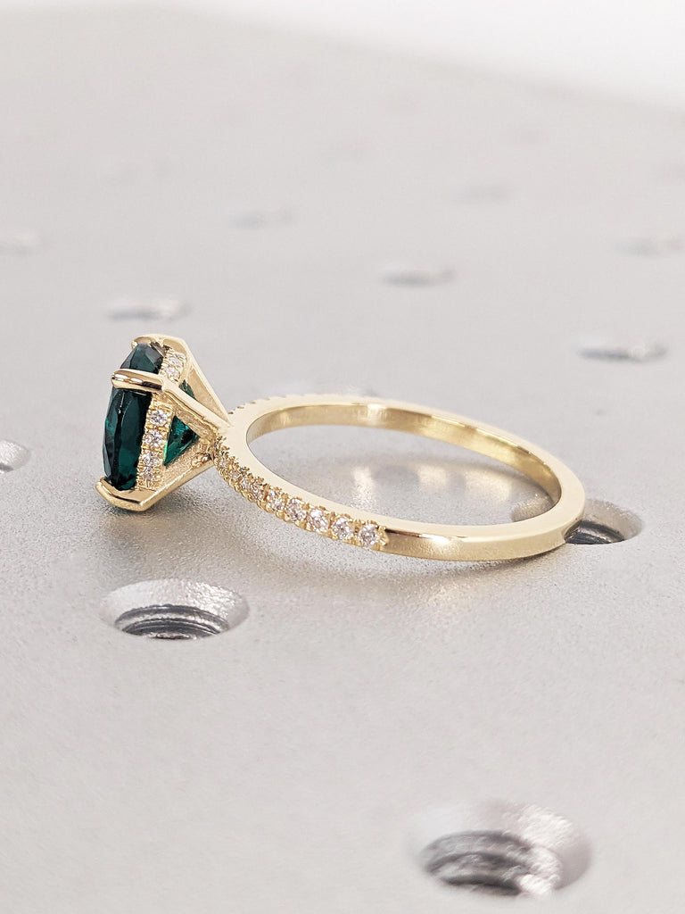 18K Yellow Gold Emerald Engagement Ring, Round Hidden Halo Diamond Wedding Ring, Modern Statement Jewelry, Unique Proposal Ring for Her