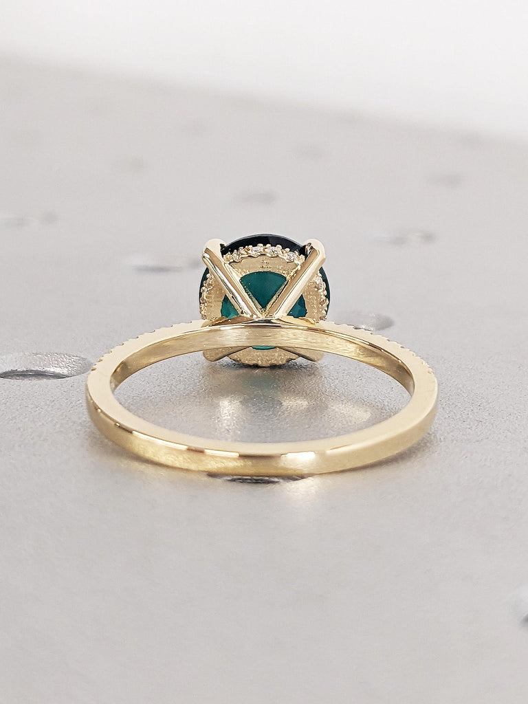 18K Yellow Gold Emerald Engagement Ring, Round Hidden Halo Diamond Wedding Ring, Modern Statement Jewelry, Unique Proposal Ring for Her