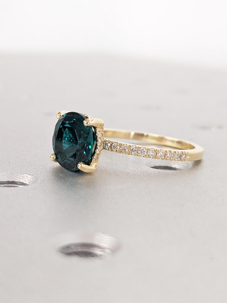 18K Yellow Gold Emerald Engagement Ring, Round Hidden Halo Diamond Wedding Ring, Modern Statement Jewelry, Unique Proposal Ring for Her