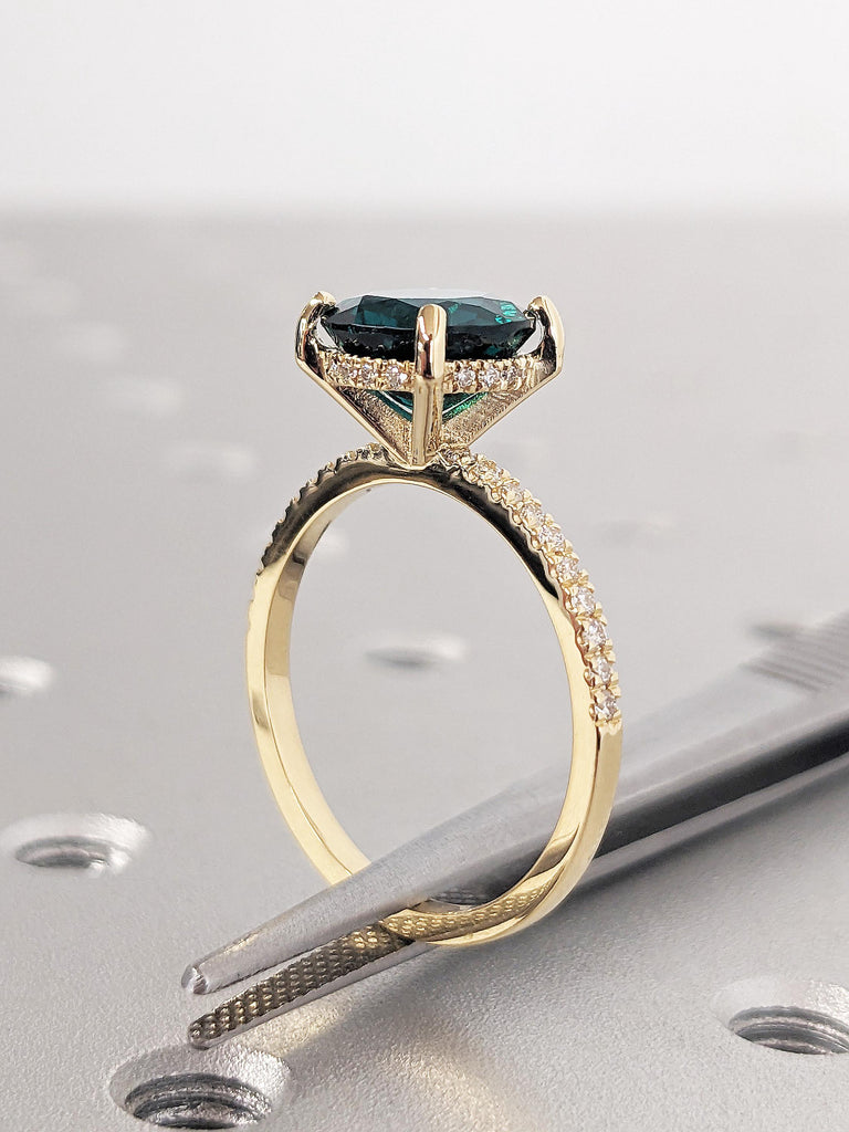 18K Yellow Gold Emerald Engagement Ring, Round Hidden Halo Diamond Wedding Ring, Modern Statement Jewelry, Unique Proposal Ring for Her