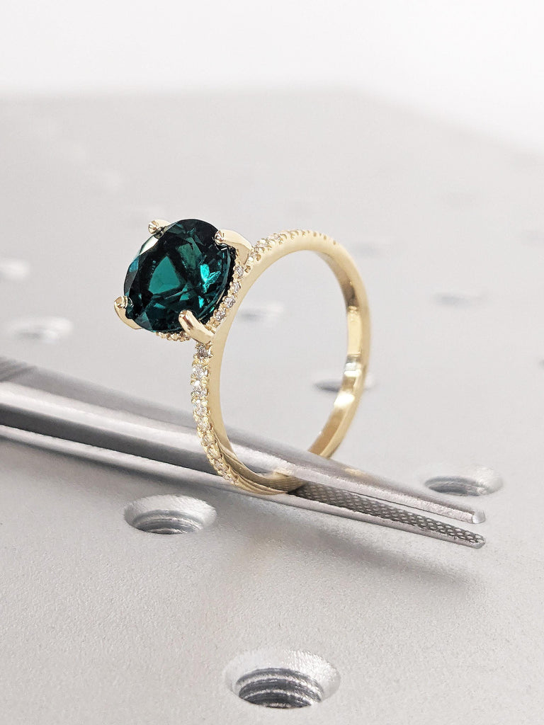 Round Emerald Engagement Ring, 18K Yellow Gold Diamond Hidden Halo Ring, Vintage Diamond Wedding Ring, Proposal Ring, Unique Promise Ring