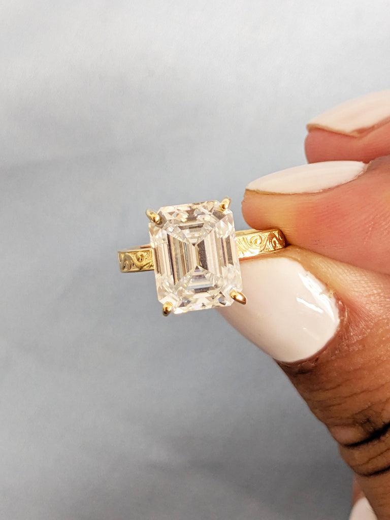 Moissanite Emerald Cut Ring, Dainty 18k Yellow Gold Promise Ring for Her, Emerald Cut Moissanite Engagement Ring, Filigree Moissanite Rings