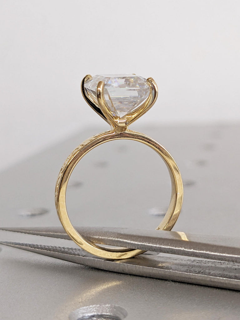 Moissanite Emerald Cut Ring, Dainty 18k Yellow Gold Promise Ring for Her, Emerald Cut Moissanite Engagement Ring, Filigree Moissanite Rings