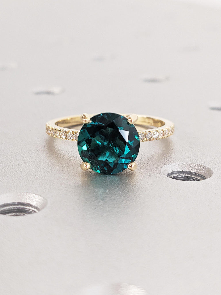 18K Yellow Gold Emerald Engagement Ring, Round Hidden Halo Diamond Wedding Ring, Modern Statement Jewelry, Unique Proposal Ring for Her
