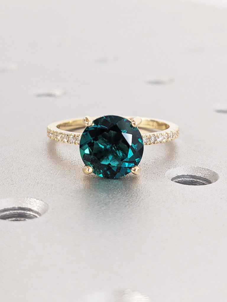 Round Emerald Engagement Ring, 18K Yellow Gold Diamond Hidden Halo Ring, Vintage Diamond Wedding Ring, Proposal Ring, Unique Promise Ring