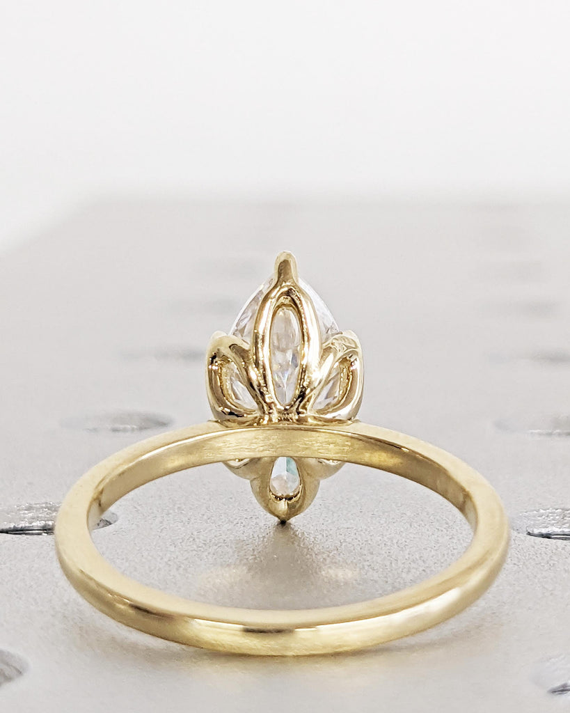 Tulip Basket Prongs Moissanite Ring, Tulip Petal Engagement Ring, Marquise Cut Moissanite Wedding Ring, Nature Promise Ring, 14K Yellow Gold