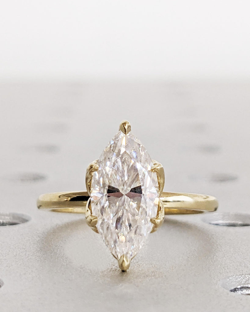 Tulip Basket Prongs Moissanite Ring, Tulip Petal Engagement Ring, Marquise Cut Moissanite Wedding Ring, Nature Promise Ring, 14K Yellow Gold
