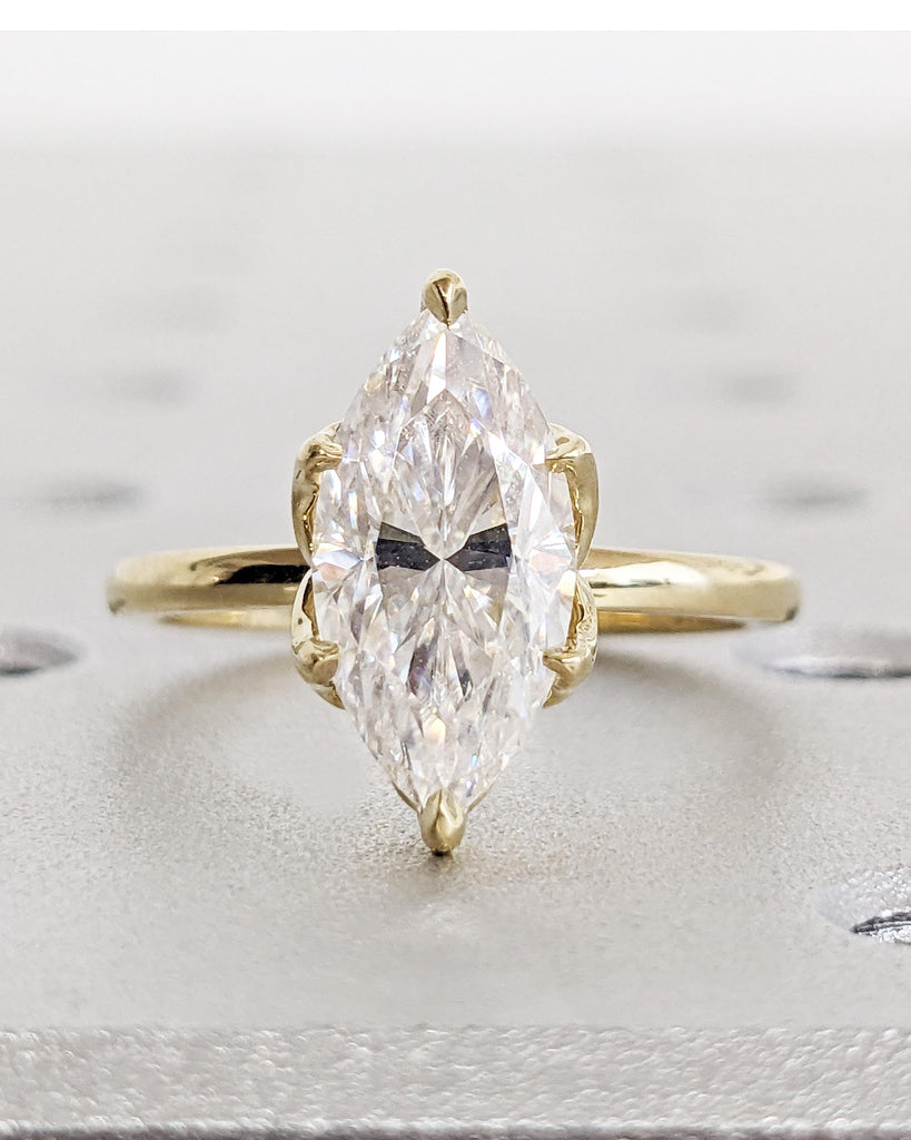 Tulip Basket Prongs Moissanite Ring, Tulip Petal Engagement Ring, Marquise Cut Moissanite Wedding Ring, Nature Promise Ring, 14K Yellow Gold
