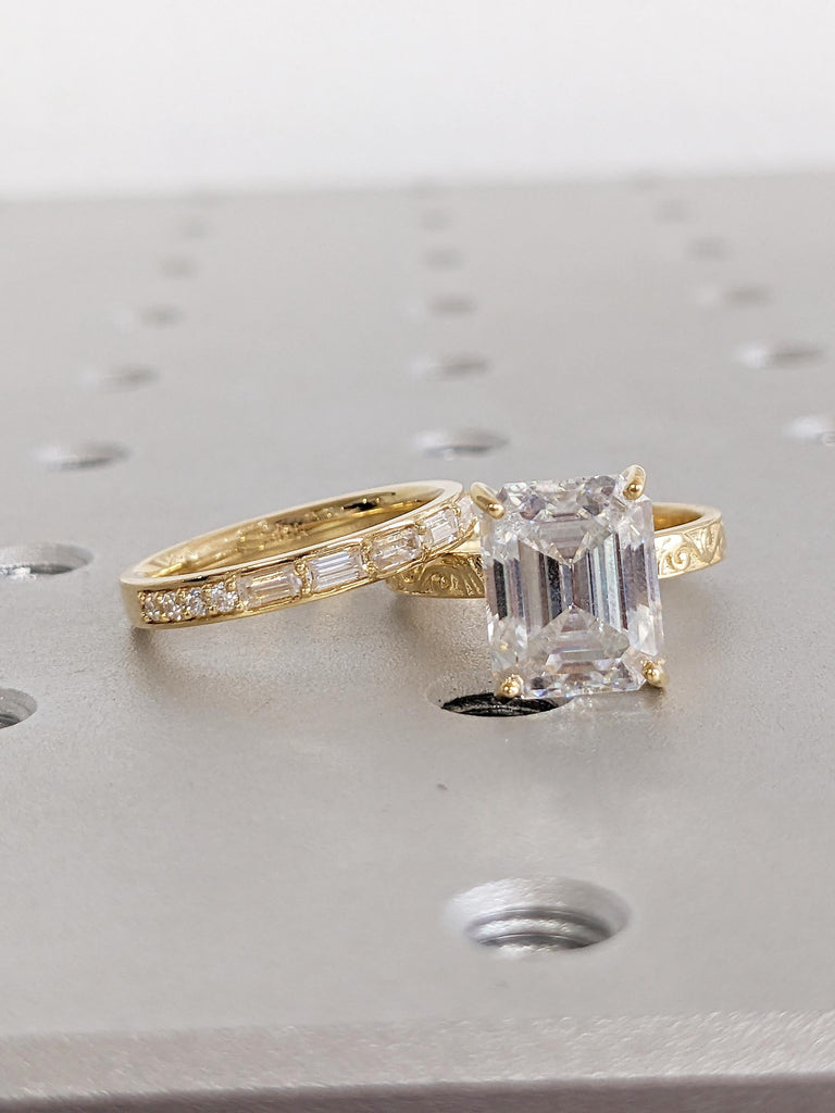 Lab Grown Diamond Wedding Ring Set, 18k Yellow Gold Ring Set, Round and Baguette Moissanite Stacking Rings, Lab Diamond Ring, Filigree Ring