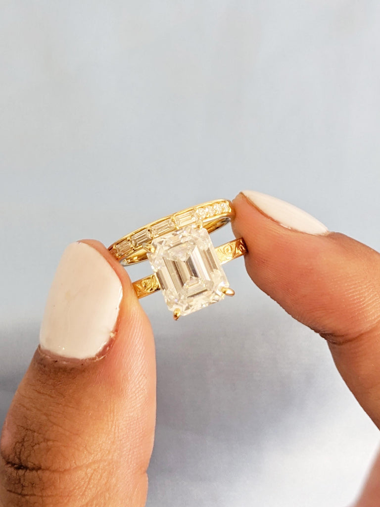 Moissanite Engagement Ring Set, 18k Gold Ring Set, Moissanite Ring Set, Moissanite Emerald Cut Ring, Moissanite Bridal Set, Wedding Ring Set