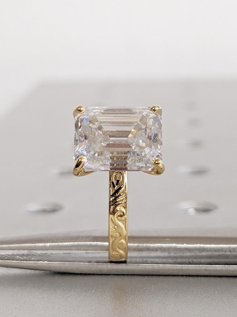 Emerald Cut Moissanite Ring Set, 18k Solid Gold Ring Set, Dainty Baguette Ring, Stacking Ring, Filigree Gold Statement Ring, Engagement Gift
