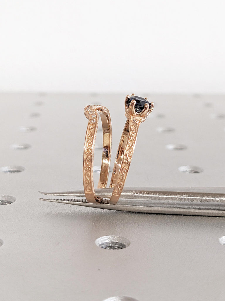 Round Sapphire Ring Set, Rose Gold Filigree Ring, Diamond and Sapphire Engagement Ring Set, Montana Sapphire Women Wedding Ring, Bridal Set