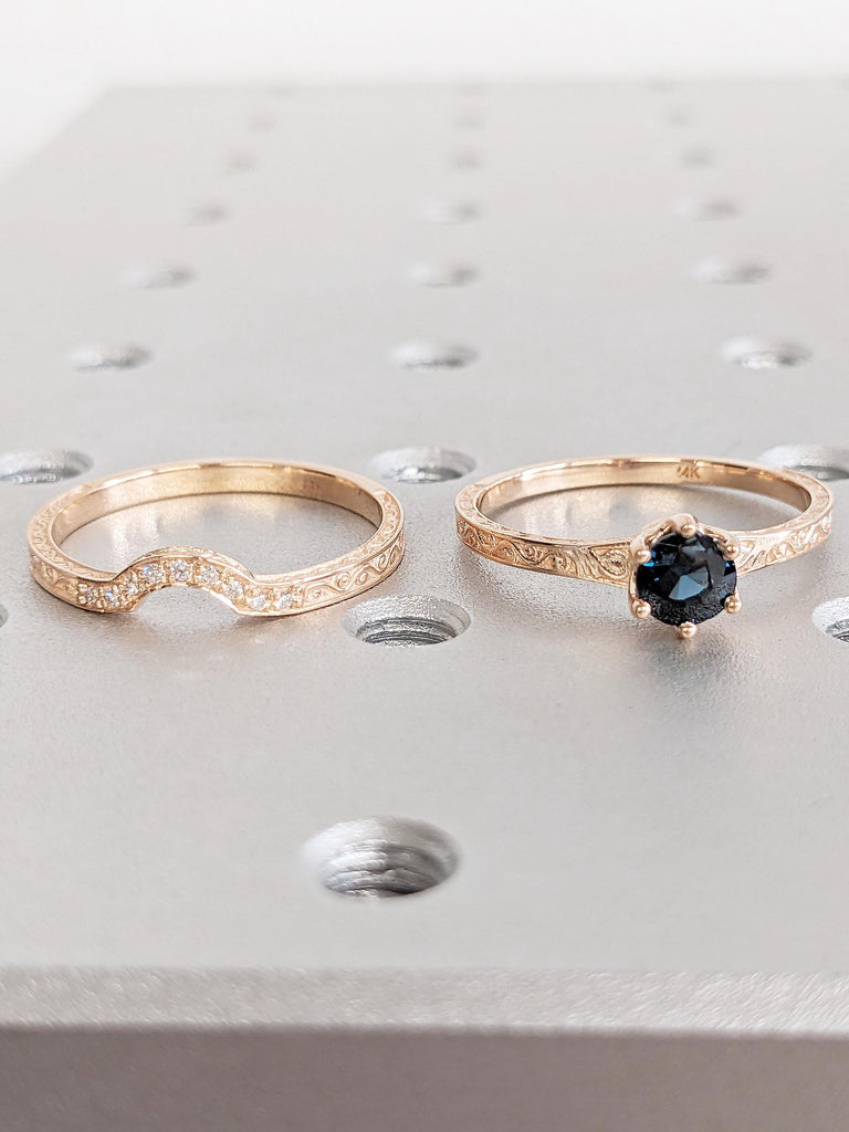 Round Sapphire Ring Set, Rose Gold Filigree Ring, Diamond and Sapphire Engagement Ring Set, Montana Sapphire Women Wedding Ring, Bridal Set